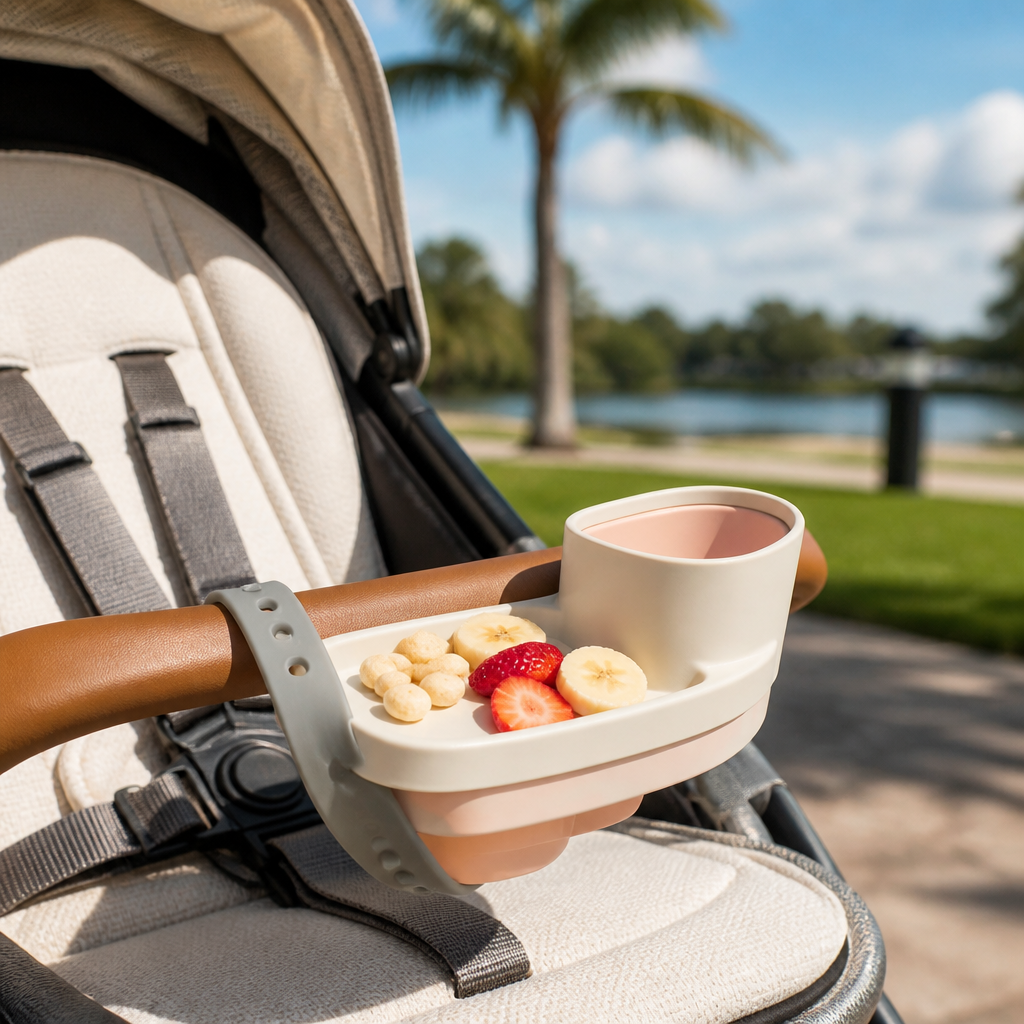 Clip-on stroller snack tray on a bumper bar