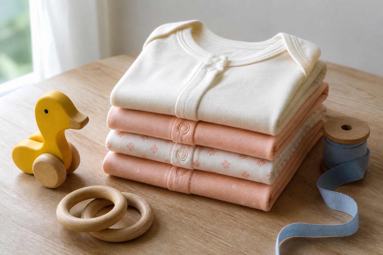 Folded cream and peach baby onesies on a light wood table with a yellow wooden duck toy, wooden rings, and a spool of blue ribbon
