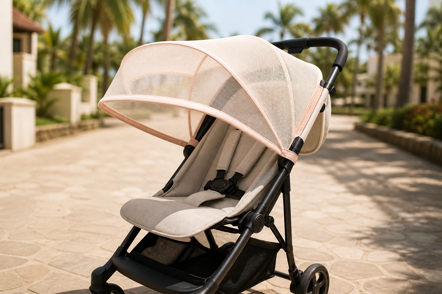 Mesh sun shade over an empty compact stroller